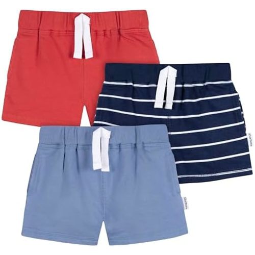 Gerber Baby Boys 3-Pack Pull-On Knit Shorts, Blue & Red, 0-3 Months