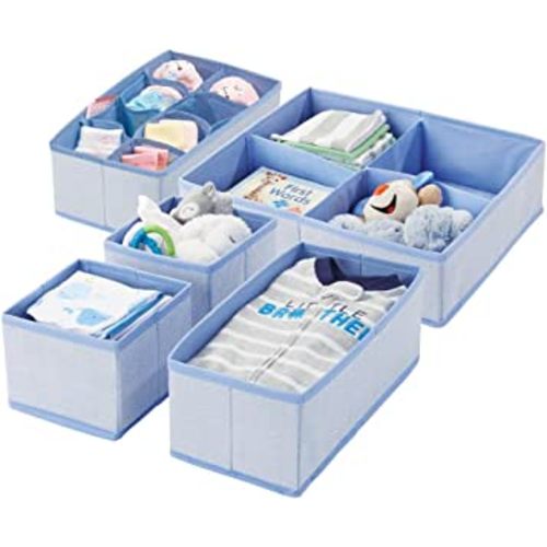 mDesign Soft Fabric Dresser Drawer/Closet Divided Storage Organizer Bins for Nursery - Holds Blankets, Bibs, Socks, Lotion, Clothes, Shoes, Toys - Set of 5 - Blue Herringbone