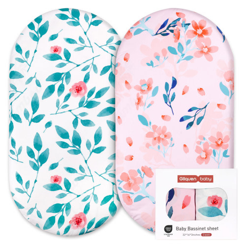 Gllquen Baby Bassinet Fitted Sheets Set 2 Pack For Newborn Infant Baby Girls, Pink Floral