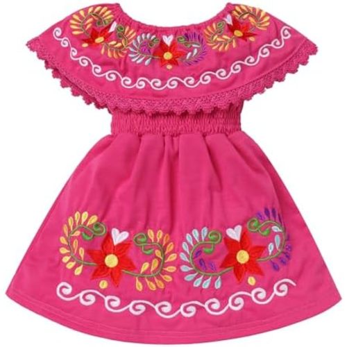 Kids Toddler Girls Traditional Mexican Off-Shoulder Floral Embroidered Drape Dress