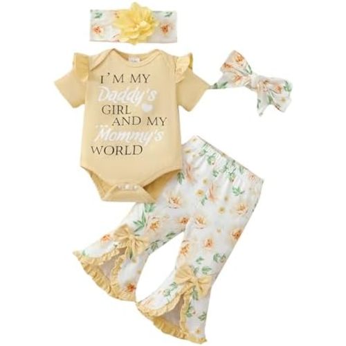 SUNNY PIGGY Newborn Baby Girl Clothes Infant Outfits Romper Floral Fall Outfit Bell Bottoms Pant Sets Hat Headband Flowerpant