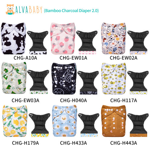 (Multi-Packs) Bamboo Charcoal Cloth Diaper 2.0 with Double Gussets and Tummy Panel Each with 4-layer-Charcoal-Blend Insert