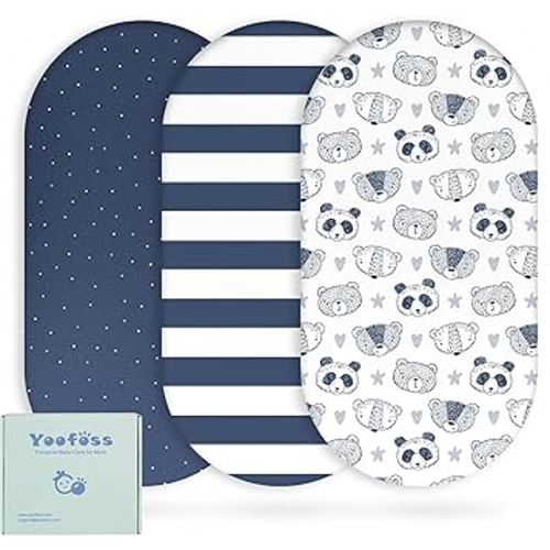 Yoofoss Bassinet Sheets for Baby,3-Pack Fitted Bassinet Sheets Set Compatible with Halo Bassinest Swivel Sleeper,Baby Delight,Angelbliss,Soft Breathable Bassinet Mattress Sheets(Stripes + Panda)