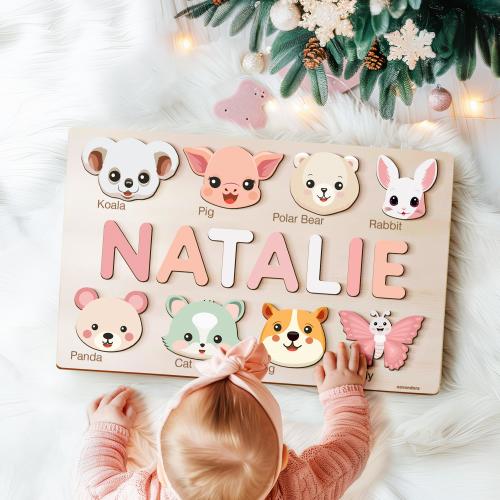 Personalized Handmade Baby Name Puzzle with Animals, Baby Girl Gift, Baby Boy Gift, Personalized Wooden Toys for Baby, Nursery Decor