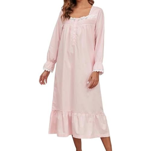 100% Cotton Nightgowns For Women Victorian Night Gown Long Sleeve House Dress With Pockets S-3XL