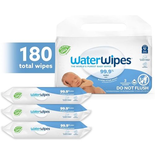 WaterWipes Plastic-Free Original Baby Wipes, 99.9% Water Based Wipes, Unscented & Hypoallergenic for Sensitive Skin, 180 Count (3 packs), Packaging May Vary