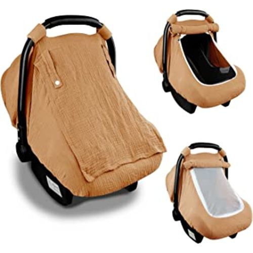 Hooyax Muslin Car Seat Covers for Babies, Summer Baby Car Seat Cover for Boys Girls with Breathable Window, Lightweight Infant Car Seat Canopy, Brown