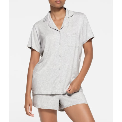 SKIMS SLEEP SHORT SLEEVE BUTTON UP SET | LIGHT HEATHER GREY