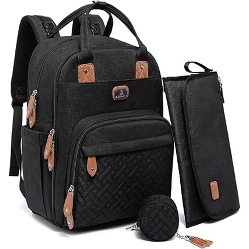 Dikaslon Diaper Bag Backpack with Portable Changing Pad, Pacifier Case and Stroller Straps, Large Unisex Baby Bags for Boys Girls, Multipurpose Travel Back Pack Moms Dads, Black