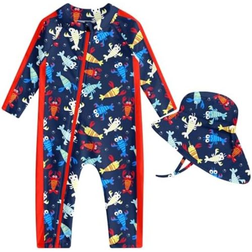 Funnycokid Baby Swimsuit Boy UPF50+ Zipper Infant Bathing Suits One Piece Rash Guard Swimwear with Hat