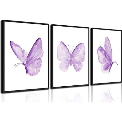 3Pcs Butterfly Wall Art Purple Butterfly Posters Pictures Minimalist Cute Animal Prints Butterfly Paintings Aesthetic Preppy Room Canvas for Girls Bedroom Nursery Home Wall Decor Gift Unframed