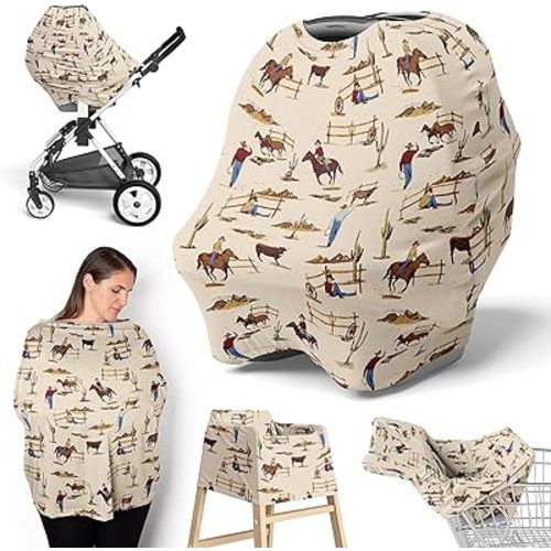 Sweet Jojo Designs Western Cowboy Boy Infant Baby Car Seat Cover Nursing Breastfeeding Shopping Cart Stroller Canopy - Tan Brown Red Southern Country Chocolate Blue and White Wild West Horse