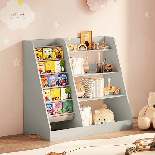 Natural Wood Kids Bookshelf, 4-Tier Toy & Book Storage Organizer with 5 Slings Bookcase for Toddler, Children, Fits Nursery, Bedroom, Classroom, Playroom,Grey