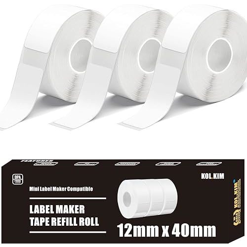 D30 Labels, Thermal Label Paper Replacement for Phomemo D30 Labels Tape Printer Maker Tape Refill for Print Master D30 Q30 D35 Labels Refill (White, 12mm*40mm 3 Rolls)