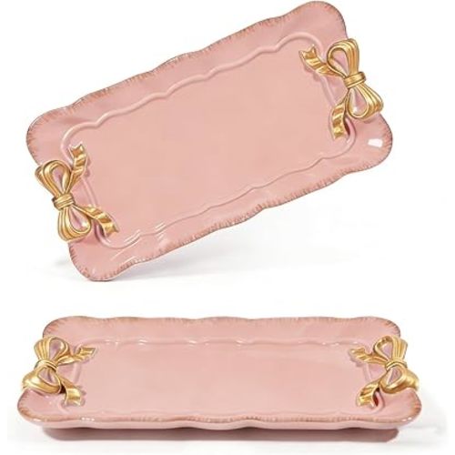 Wowagoga 2 PCS Vintage Decorative Tray Jewelry Tray Storage Tray (Pink)