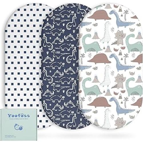 Yoofoss Bassinet Sheets for Baby,3-Pack Fitted Bassinet Sheets Set Compatible with Halo Bassinest Swivel Sleeper,Baby Delight,Angelbliss,Soft Breathable Bassinet Mattress Sheets (Dark Blue+Dinosaurs)