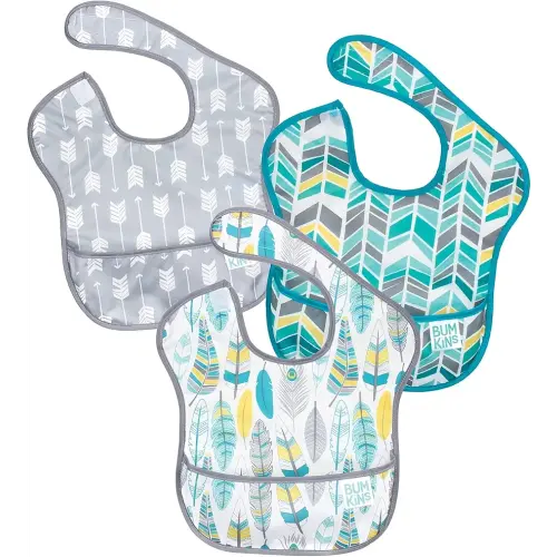 Bumkins Bibs for Girl or Boy, SuperBib Baby and Toddler for 6-24 Months, Essential Must Have for Eating, Feeding, Baby Led Weaning Supplies, Mess Saving Catch Food, 3-pk Feathers, Arrows and Quill