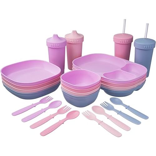 Kid’s Dinnerware Set - 28 Pieces, 4 Place Settings - Blossom Color Set - Tough Tableware for Toddlers - Made in the USA - Dishwasher and Microwave Safe - BPA Free and Shatter Resistant