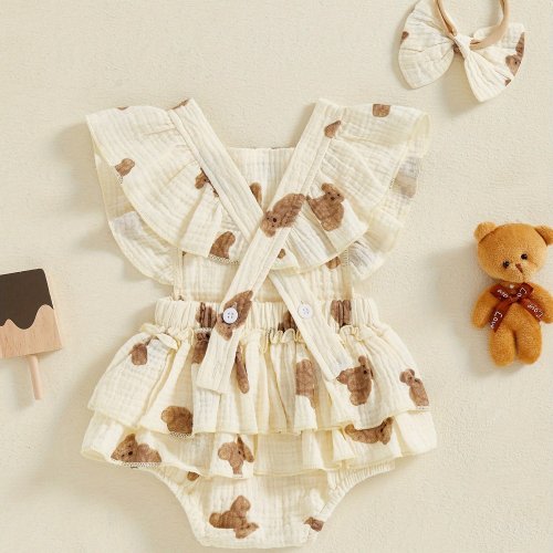 Baby Girl Summer Outfits Cartoon Bear Pattern Ruffled Flying Sleeve Romper with Bow Headband 2pcs Set