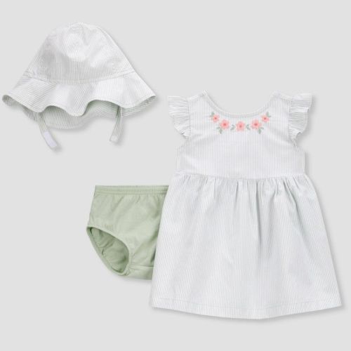 Carter's Just One You® Baby Girls' Striped Floral with Hat - Green Newborn Cotton A-Line Dress Set, Diaper Cover, Poplin Fabric