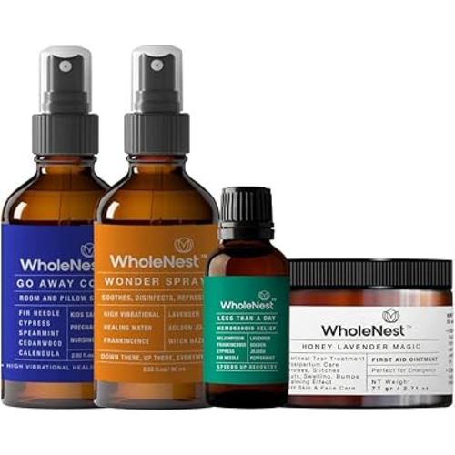 WholeNest Postpartum Essential Kit | Ultimate Gift for New Moms | Includes Wonder Spray, Honey Lavender Magic Ointment, Hemorrhoids Relief, & Go Away Cold! Spray | Natural, Safe, Multi-Purpose Care