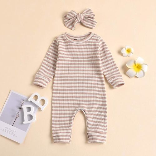 Girls Jumpsuit - Stripe Long Sleeve Pink; 0-3M