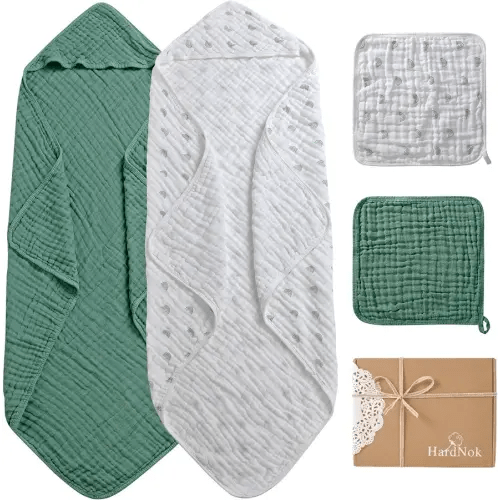 Baby Bath Towels Muslin 4 Pack, Premium Muslin 6 Layers Natural Cotton Baby Bath Towels, Soft and Comfortable for Boys,Girls (Boho Rainbow Green) (32 x 32)