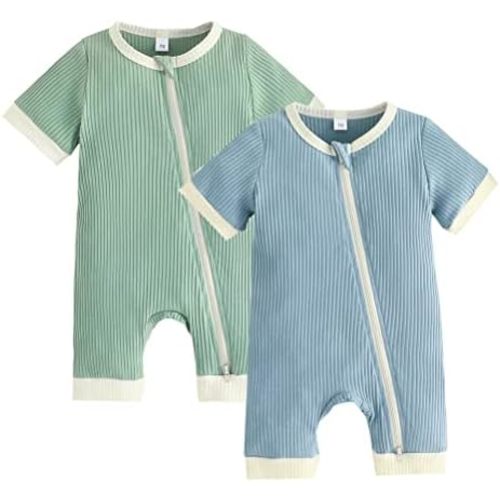 Bafeicao Unisex Baby Boy Girl 2 Pack Rompers Short Sleeve Two Way Zipper Romper One Piece Jumpsuits Clothes Sets