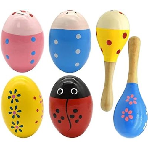Wooden Easter Eggs Shakers Toys, Maracas Kids Hand Percussion Shakers Percussion Musical for Party Favors Kids Easter Basket Stuffers, 4 Pack Easter Eggs with 2 Shaker Sand Hammer Kit