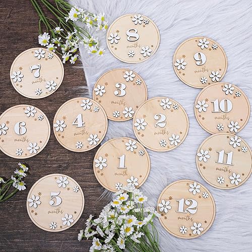 Whaline 12Pcs Baby Monthly Milestone Cards 3D Daisy Wooden Marker Discs Rustic Baby Month Announcement Sign for Baby Pregnancy Growth Photo Prop, 3.9 x 3.9 Inch