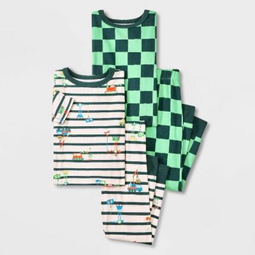 Toddler Boys' 4pc Checkered And Construction Ribbed Pajama Set - Cat & Jack™ Green 4t