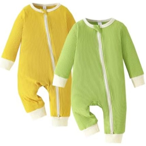 Bafeicao Unisex Baby Boy Girl 2 Pack Rompers Long Sleeve Two Way Zipper Romper One Piece Jumpsuits Clothes Sets