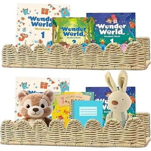 Nursery Book Shelves, 2Pcs Artisanal Natural Rattan Scalloped Book Shelf for Kids Rooms, Rattan Wall Shelves for Books, Toys, Photo Frames, Nursery, 15.8 x 4 Inch