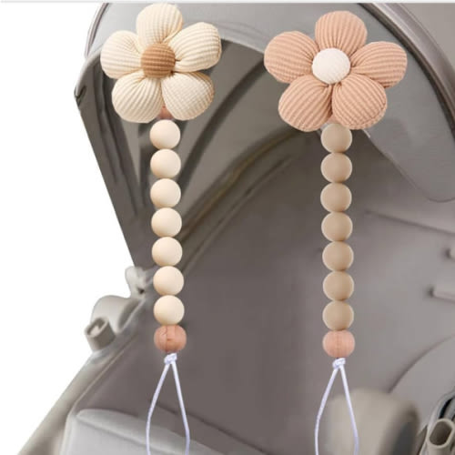 2pcs Flower Pacifier Clip, Silicone Bead Pacifier Clip for Baby Girls and Boys with Beige Brown Color Daisy Birthday Christmas Gift