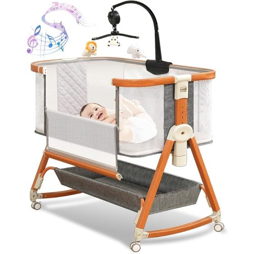 3 in 1 Bassinet,Baby Bassinets Bedside Sleeper with Musical Toy,Adjustable Height Bedside Bassinet for Baby with Wheels and Storage Basket,4-Sided Mesh Bedside Crib for Newborn 0-6 Months (Grey)