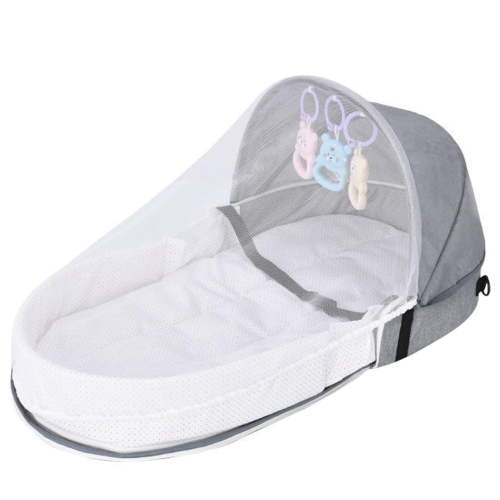 Portable Foldable Baby Travel Crib with Mosquito Net and Hanging Toys for 0-12 Months Outdoor Use Grey