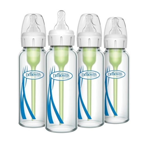Dr. Brown's Anti-Colic Options+ Narrow Glass Baby Bottle with Level 1 Slow Flow Nipple, BPA-Free, 8 oz/250 mL, 4-Pack