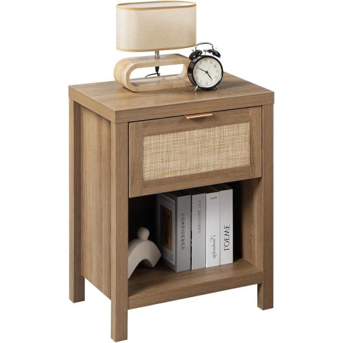 SICOTAS Rattan Nightstand - Farmhouse Night Stand with Drawer and Storage Shelf - Boho Bedside Table - End Side Table for Bedroom,Oak
