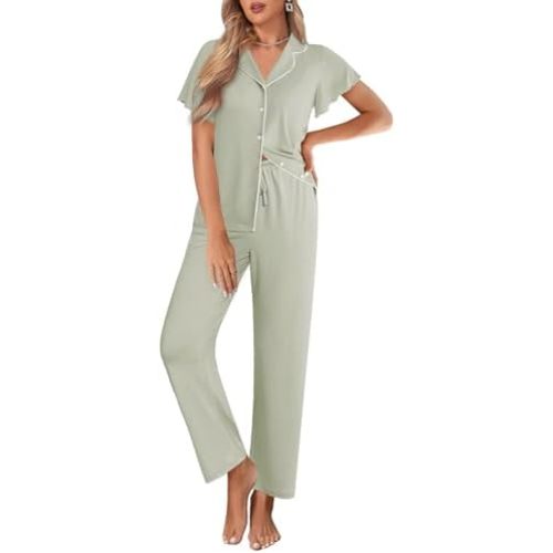 Ekouaer Pajamas for Women Set Button Up Sleepwear Cute Pjs Ruffle Sleeve Notch Collar Loungewear with Long Pants S-XXL