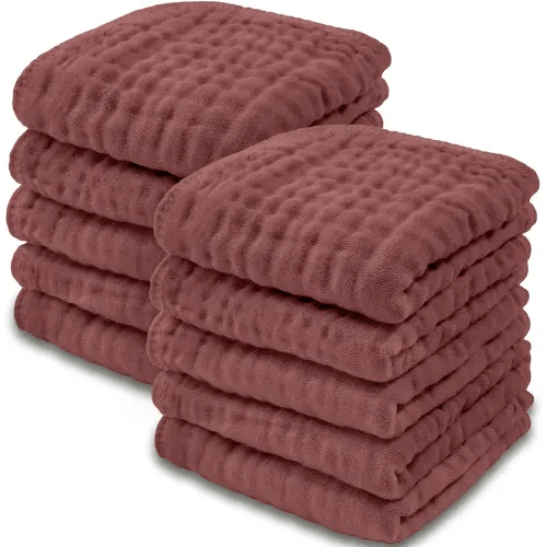 Baby Washcloths, Muslin Cotton Baby Towels, Large 10”x10” Wash Cloths Soft on Sensitive Skin, Absorbent for Boys & Girls, Newborn Baby & Toddlers Bibs & Burp Cloths Essentials Set (Wine, Pack of 10)