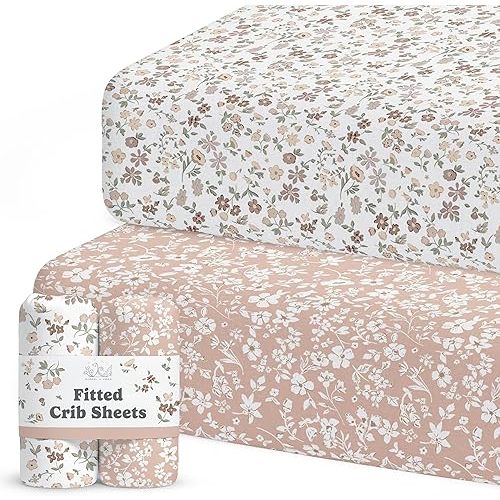 Crib Sheets Neutral - Fitted Baby Crib Sheets Bed for Girl Boy - 2 Pack Standard & Toddler Mattress - Buttery Soft Organic Cotton Blend (Fleurette)