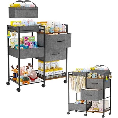 Baby Diaper Caddy Cart, 3-Tier Storage Organizer with Removable Dividers & Fabric Drawers, Rolling Nursery Organizer for Essentials & Clothes, Nursery, Bedroom & Changing Crib