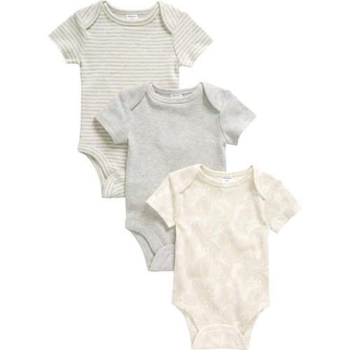 Baby Assorted 3-Pack Cotton Bodysuits, Newborn, Ivory- Grey Palm Pack