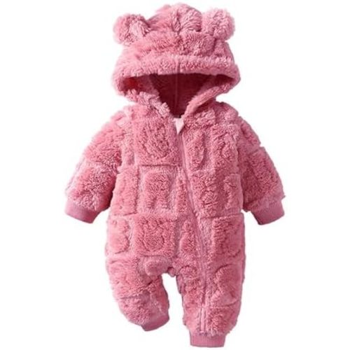 Newborn Faux Fu𝐫 Hood Romper Infant Baby Cute Bear Ear Hoodies Jumpsuit Fuzzy Thick Warm Long Sleeve Snowsuit