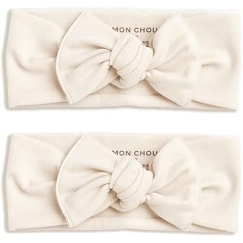 Adjustable Baby Headbands - Set of 2 Organic Cotton Headbands for Baby Girls - Ultra Soft, 100% Pima Cotton Infant Hair Bows (Ivory)