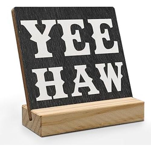 Western Desk Decor, Yee Haw Black Western Wood Plaque, Yee Haw Black Cowboy Cowgirl Western Wooden Plaque Sign with Wood Stand for Home Office Farmhouse Shelf Tabletop Decor