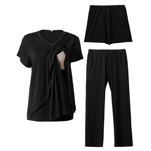 Rnxrbb V Neck Nursing Pajamas Set 3 Pack Postpartum Pjs Breastfeeding Sleepwear for Women Double Layer with Pockets