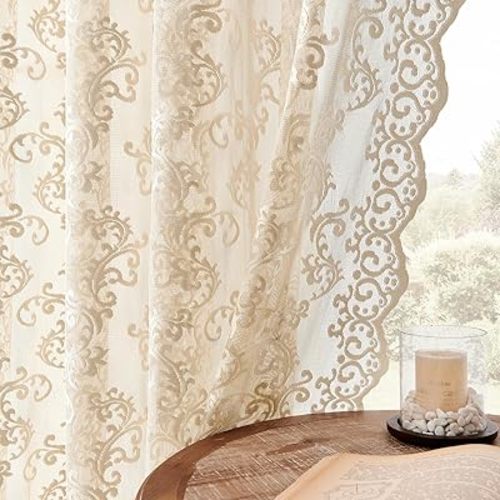 FOLKSIDE Beige Lace Curtains 84 Inches Long 2 Panels Vintage Paisley Curtains for Living Room Bedroom Rod Pocket Light Filtering French Crochet Drapes Victorian Sheer Curtains Window Decor, 52x84