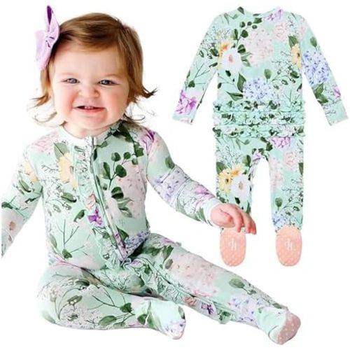 Posh Peanut Footie Pajamas for Baby Girls – Soft Viscose from Bamboo, 2-Way Zipper, Ruffle Trim - Newborn to Toddler Sleepers