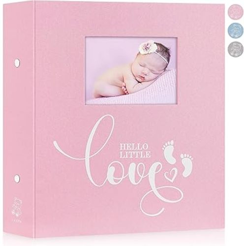 Lanpn Baby Photo Album 4x6 600 Pockets, Linen cover Newborn Bebe Memory Book Photobook Holds 600 Horizontal and Vertical Pictures, Picture Album with Front Window Gift for Boy Girl Baby Shower Pink